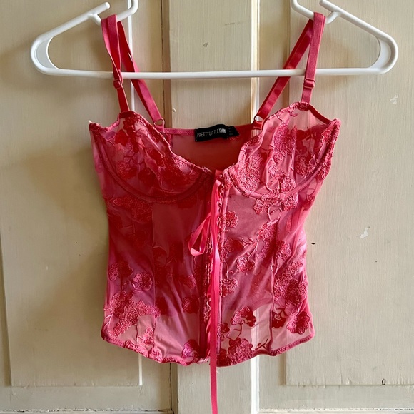 PRETTYLITTLETHING hot pink embroidered mesh corset top - Picture 4 of 14